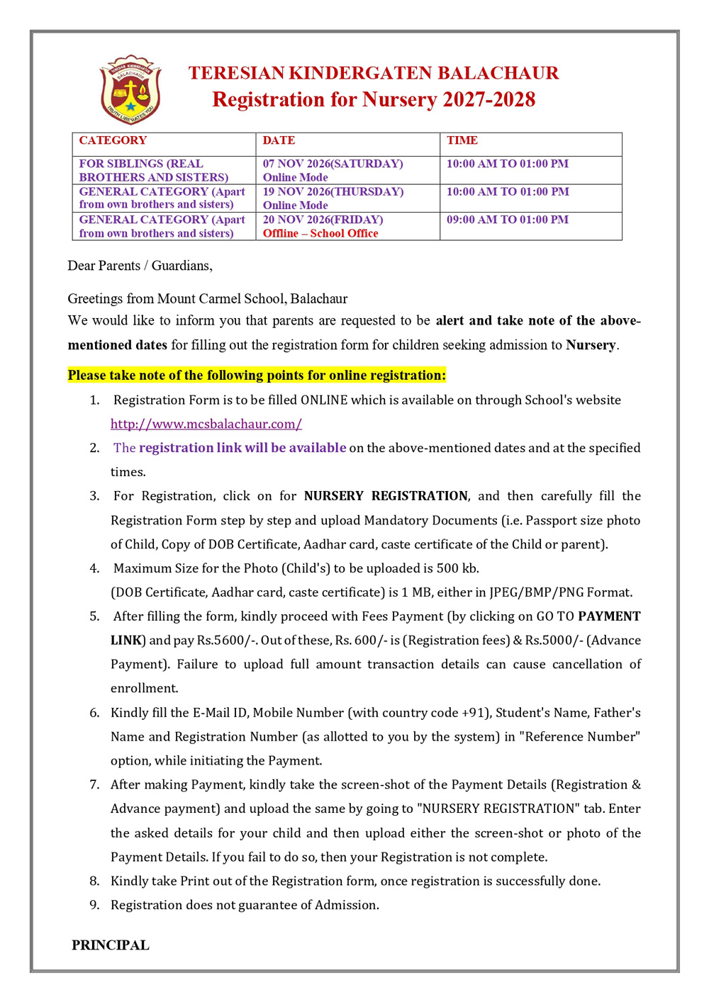 Nursery Admission Notice 2